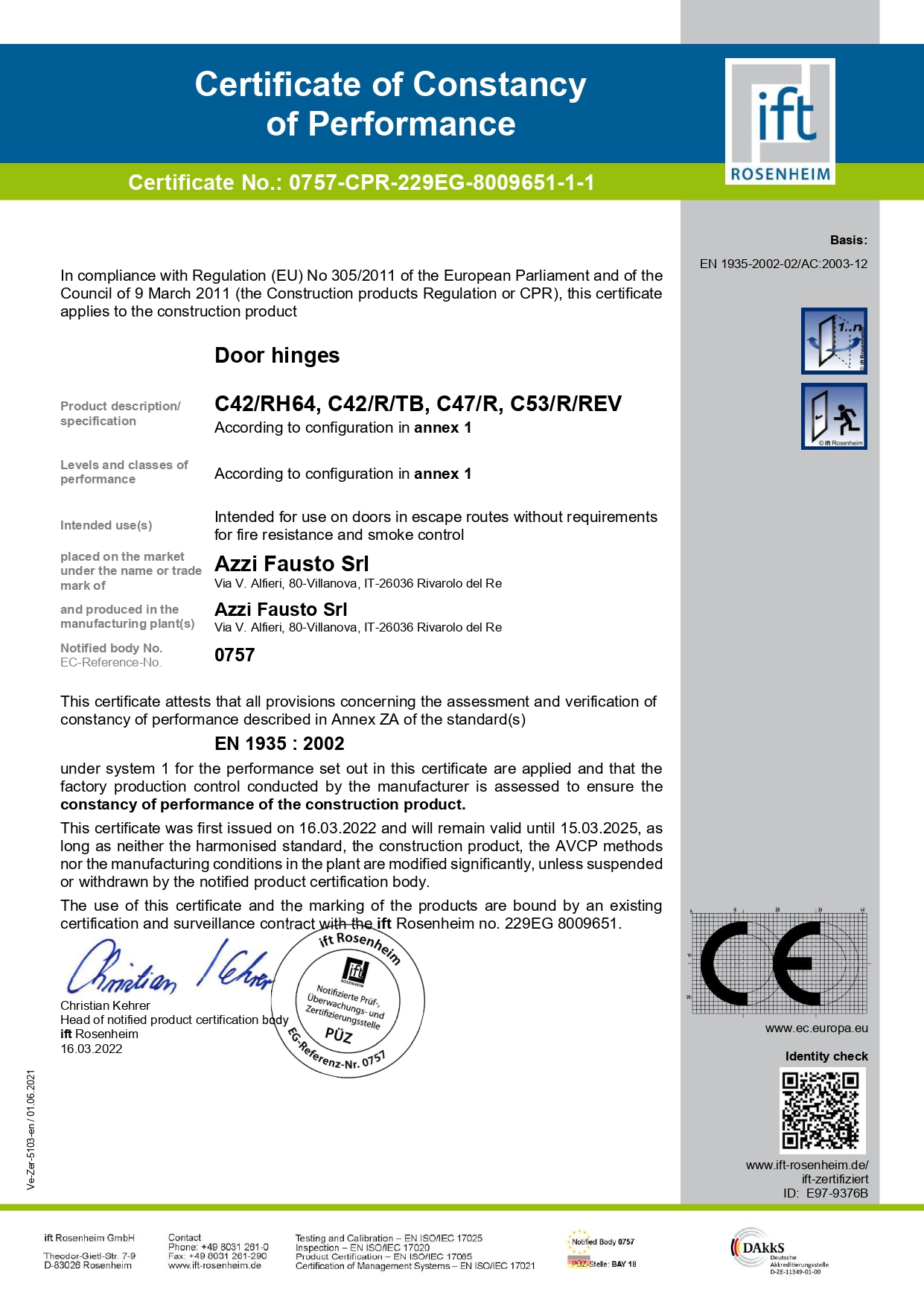 Certificato di Costanza delle Prestazioni Cerniere AZZI FAUSTO page 0001